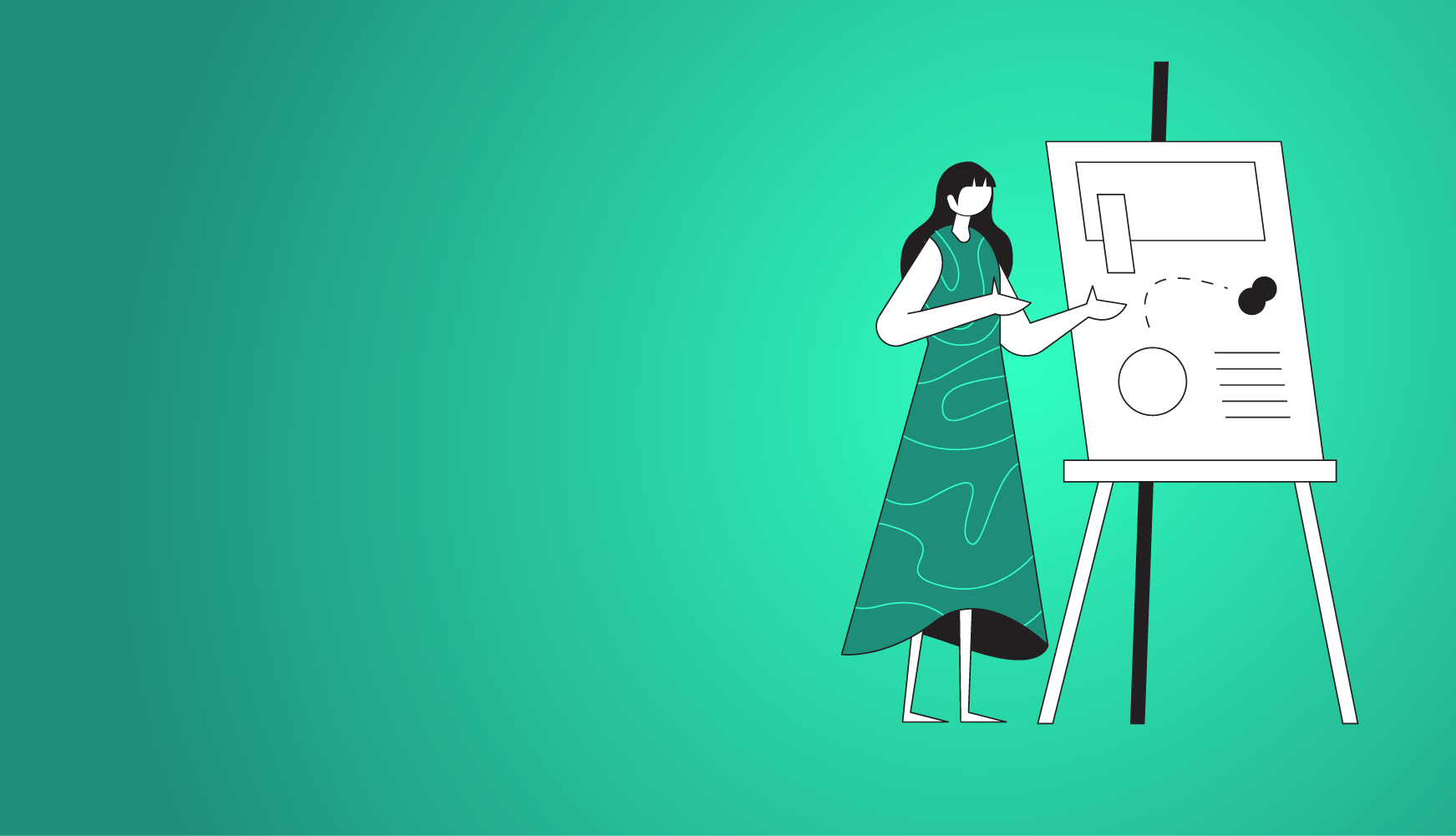 Illustration of one person presenting a illustrative board indicating the appointment of new non-Executive Directors for Appeals Centre Europe.