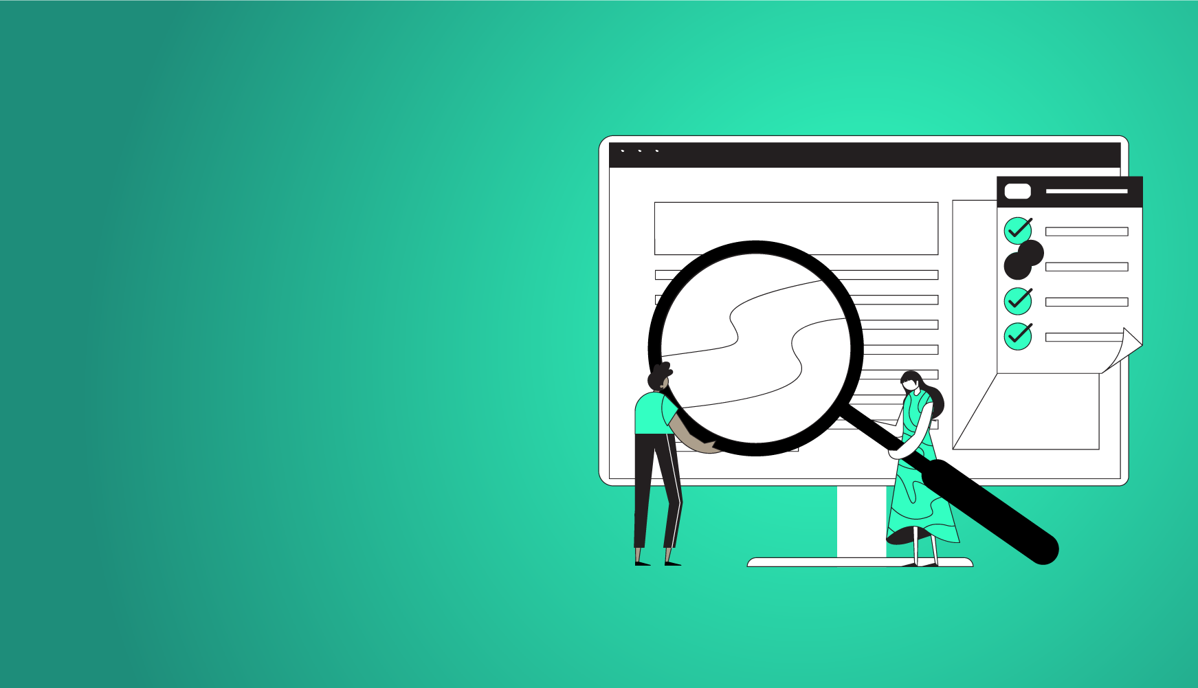 Illustration of two people with a large magnifying glass examining with visible checkmarks, indicating completed appeal steps at Appeals Centre Europe.